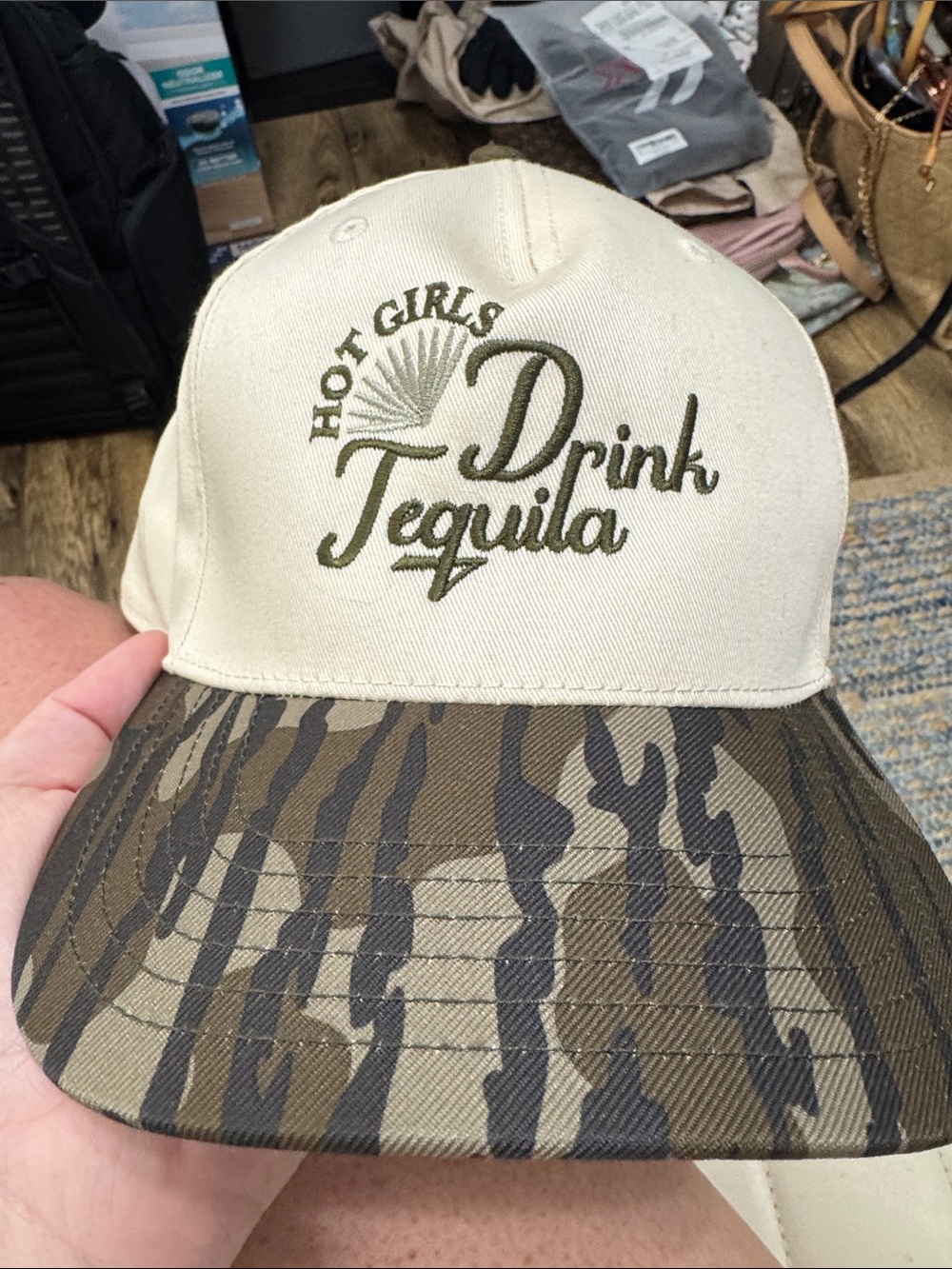 Hot Girls Drink Tequila Embroidered Cap - Beige with Camouflage Brim